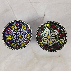 Set of 2 Small Turkish Bowls Handmade Ceramic Painted and Glazed Blue Red White